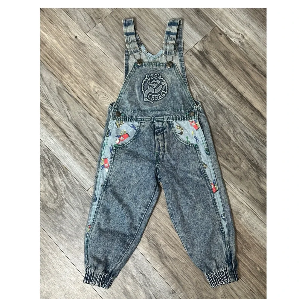 Vintage OshKosh Bgosh Joes Garage Acid Wash Denim Overalls Kids Blue 3T